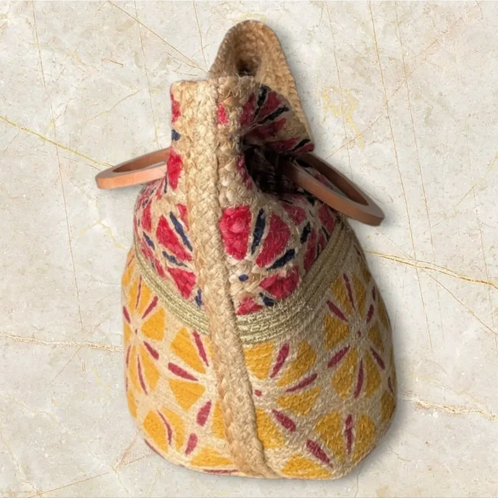 ANTIK KRAFT Jute Abstract Floral Gold Embellished Wood Handled Large Tote Bag